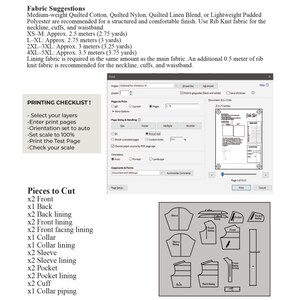 Op de afbeelding: Een digitale naaipatroongids met stofsuggesties, een afdrukchecklist en een lijst met te knippen onderdelen. De afbeelding bevat een interface voor een afdrukdialoogvenster en een lay-out van patroondelen zoals mouwen, kraag en zakken.