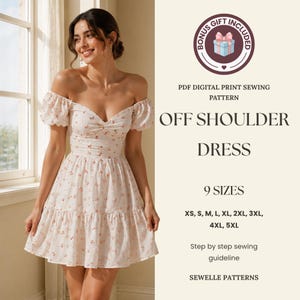 Może przedstawiać: Kobieta w sukience z odkrytymi ramionami we wzór kwiatowy, z krótkimi rękawami i warstwową spódnicą. Tekst głosi "OFF SHOULDER DRESS" i "9 ROZMIARÓW". Bonusowy prezent jest dołączony do cyfrowego wykroju do szycia PDF.