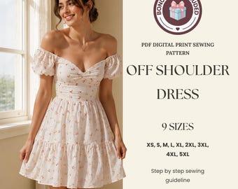 Off-shoulder jurk naaipatroon pdf, pofmouw mini-jurkpatroon, tutorial jurk cottage-stijl