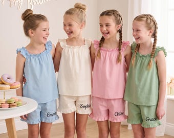 Pijama fofo com babados para daminha de honra, conjunto de pijama personalizado com nome bordado, roupa aconchegante para a manhã do casamento, presente de pedido de casamento