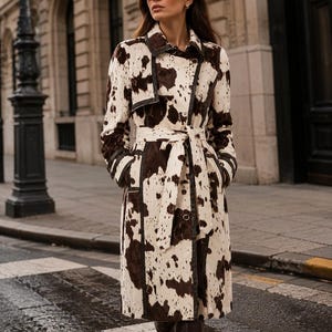 Trenchcoat i äkta kohud, lång jacka med hår och kotryck