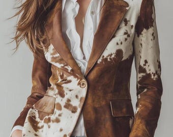 Giacca da donna in vera pelle bovina – Blazer in pelle bovina con pelo, cappotto in vera pelle bovina naturale, stile western
