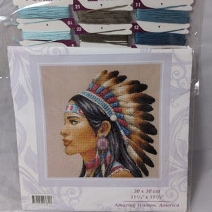 May include: A cross-stitch kit featuring a profile portrait of a person wearing a feathered headdress, colorful beaded jewelry, and a headband. The kit includes organized embroidery threads in shades of blue and brown, measuring 11 3/4 by 11 3/4 inches.