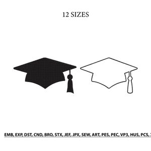 May include: Two graduation caps are displayed, one solid black and the other outlined in black. Both caps have a tassel hanging from the top right corner. The text "12 SIZES" is above the caps. Below the caps are file format abbreviations.