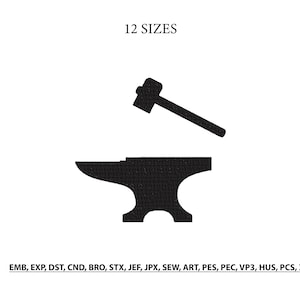 May include: A black silhouette of a blacksmith's anvil with a hammer above it. The text "12 SIZES" is at the top. Below the anvil and hammer are embroidery file formats.