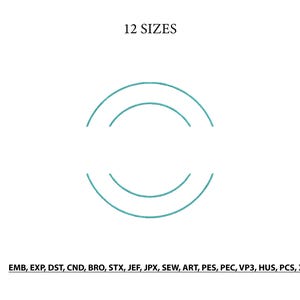 May include: A digital graphic featuring two concentric teal circles centered on a white background. The text 12 SIZES appears at the top, and a list of file formats including EMB, EXP, DST, CND, BRO, STX, JEF, JPX, SEW, ART, PES, PEC, VP3, HUS, PCS, XXX is at the bottom.