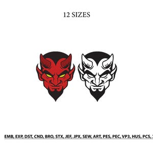 May include: An embroidery design featuring two devil head illustrations, one in red and black with yellow eyes, and one in black and white. The text 12 SIZES appears at the top, and the file formats EMB, EXP, DST, CND, BRO, STX, JEF, JPX, SEW, ART, PES, PEC, VP3, HUS, PCS, XXX are listed at the bottom.