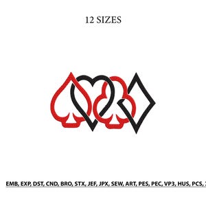May include: An embroidery design featuring the four playing card suits: spade, heart, club, and diamond, intertwined in red and black. The text 12 SIZES appears at the top, and the file formats EMB, EXP, DST, CND, BRO, STX, JEF, JPX, SEW, ART, PES, PEC, VP3, HUS, PCS, XXX are listed at the bottom.