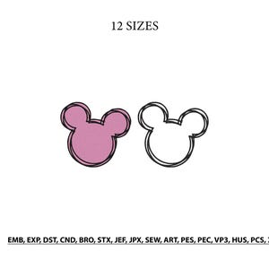 May include: A digital embroidery design featuring two mouse head silhouettes, one filled with pink thread and one outlined in black. The text 12 SIZES appears at the top, and the file formats EMB, EXP, DST, CND, BRO, STX, JEF, JPX, SEW, ART, PES, PEC, VP3, HUS, PCS, XXX are listed at the bottom.