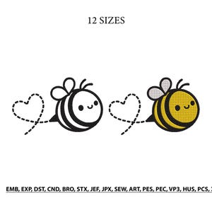Pode incluir: Dois desenhos de abelhas de desenho animado com rastros de coração. Uma abelha é preta e branca, a outra é amarela e preta. O texto "12 SIZES" está acima. Formatos de arquivo de bordado abaixo.