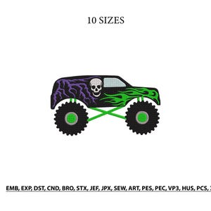 May include: An embroidery design of a black monster truck featuring a white skull, purple lightning patterns on the rear, and green flames on the front. The truck has large black tires with green centers. Text reads 10 SIZES and EMB, EXP, DST, CND, BRO, STX, JEF, JPX, SEW, ART, PES, PEC, VP3, HUS, PCS, XXX.