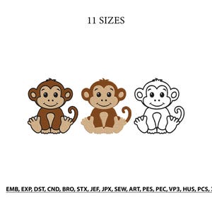 Puede incluir: Un diseño de bordado con tres ilustraciones de monos en fila. El primero es marrón oscuro, el segundo marrón medio y el tercero es un contorno en blanco y negro. El texto 11 SIZES aparece arriba y los formatos de archivo EMB, EXP, DST, CND, BRO, STX, JEF, JPX, SEW, ART, PES, PEC, VP3, HUS, PCS, XXX se enumeran en la parte inferior.