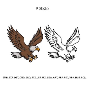 Op de afbeelding: Twee adelaar borduurontwerpen met de tekst 9 SIZES bovenaan en een lijst met bestandsformaten waaronder EMB, EXP, DST, CND, BRO, STX, JEF, JPX, SEW, ART, PES, PEC, VP3, HUS, PCS, XXX onderaan. Eén adelaar is bruin en wit, één is omlijnd.