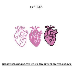 May include: Three anatomical heart embroidery designs in pink and black outlines. The text 13 SIZES appears at the top, and the file formats EMB, EXP, DST, CND, BRO, STX, JEF, JPX, SEW, ART, PES, PEC, VP3, HUS, PCS, XXX are listed at the bottom.