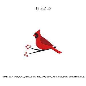 May include: An embroidery design featuring a bright red cardinal bird with a black face mask perched on a black branch with small red berries. The text 12 SIZES appears at the top, and the file formats EMB, EXP, DST, CND, BRO, STX, JEF, JPX, SEW, ART, PES, PEC, VP3, HUS, PCS, XXX are listed at the bottom.