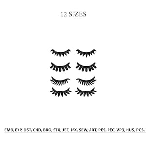 May include: A digital graphic featuring four pairs of black eyelashes in different styles arranged in two columns. The text 12 SIZES appears at the top, and a list of file formats including EMB, EXP, DST, CND, BRO, STX, JEF, JPX, SEW, ART, PES, PEC, VP3, HUS, PCS, XXX is at the bottom.