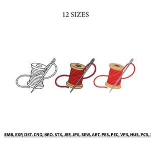 May include: Three illustrations of a spool of thread with a needle, including one black and white outline and two coloured versions with red thread and tan spools. The text 12 SIZES appears at the top, and file formats are listed at the bottom.