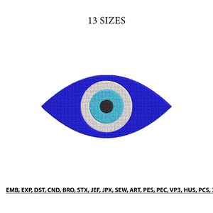 May include: A blue eye design with a white and light blue center, and a black pupil. The text "13 SIZES" is above the eye. Below the eye are file format abbreviations: EMB, EXP, DST, CND, BRO, STX, JEF, JPX, SEW, ART, PES, PEC, VP3, HUS, PCS, XXX.