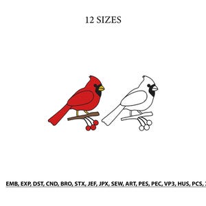 May include: A digital embroidery design featuring two cardinal birds perched on a branch with berries. One bird is red with a black face mask and yellow beak, while the other is a black and white outline. Text reads 12 SIZES and EMB, EXP, DST, CND, BRO, STX, JEF, JPX, SEW, ART, PES, PEC, VP3, HUS, PCS, XXX.