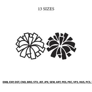 May include: Two black and white cheerleading pom-pom designs, one outlined and one solid, with the text 13 SIZES at the top and the file formats EMB, EXP, DST, CND, BRO, STX, JEF, JPX, SEW, ART, PES, PEC, VP3, HUS, PCS, XXX listed at the bottom.