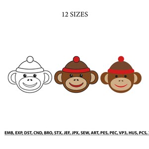 Puede incluir: Tres diseños de bordado de caras de mono con el texto 12 SIZES. A la izquierda un contorno en blanco y negro, en el centro un mono marrón con gorro rojo, y a la derecha un mono marrón con gorro rojo. Formatos: EMB, EXP, DST, CND, BRO, STX, JEF, JPX, SEW, ART, PES, PEC, VP3, HUS, PCS, XXX.