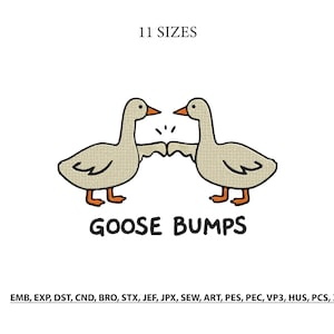 Könnte beinhalten: Cartoon-Illustration mit zwei Gänsen, die sich mit den Schnäbeln berühren, darunter der Text "GOOSE BUMPS". Das Bild ist im minimalistischen Stil auf weißem Hintergrund gehalten. Der Text "11 SIZES" steht oben.