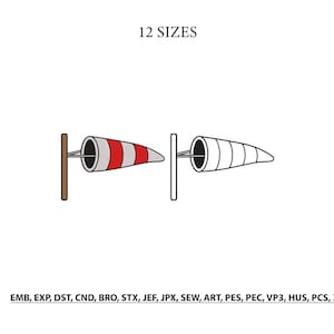 May include: A digital embroidery design featuring two windsock icons, one with red and white stripes on a brown pole and one with white outlines on a white pole. The text 12 SIZES appears at the top, and the file formats EMB, EXP, DST, CND, BRO, STX, JEF, JPX, SEW, ART, PES, PEC, VP3, HUS, PCS, XXX are listed at the bottom.