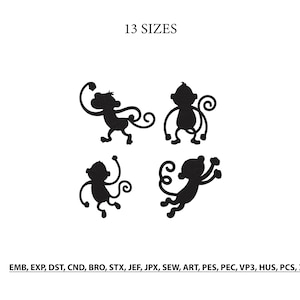 Puede incluir: Un diseño de bordado digital con cuatro siluetas negras de monos en varias poses. El texto 13 SIZES aparece en la parte superior, y una lista de formatos de archivo que incluye EMB, EXP, DST, CND, BRO, STX, JEF, JPX, SEW, ART, PES, PEC, VP3, HUS, PCS, XXX está en la parte inferior.