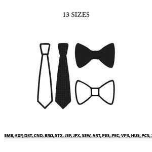 May include: A digital graphic featuring two neckties and two bow ties in black. One necktie is an outline, the other is solid. One bow tie is solid, the other is an outline. Text reads 13 SIZES and EMB, EXP, DST, CND, BRO, STX, JEF, JPX, SEW, ART, PES, PEC, VP3, HUS, PCS, XXX.