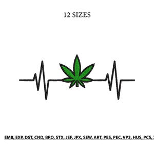 May include: A black heartbeat line with a green cannabis leaf in the center. The text "12 SIZES" is above the graphic. Below the graphic are file format abbreviations.