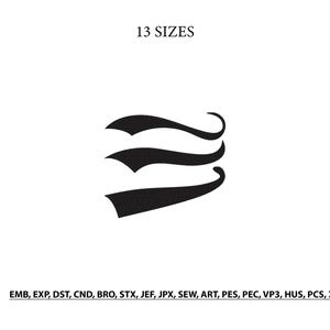 May include: A black digital embroidery design featuring three stacked, stylized swoosh elements with pointed ends. The text 13 SIZES appears at the top, and the file formats EMB, EXP, DST, CND, BRO, STX, JEF, JPX, SEW, ART, PES, PEC, VP3, HUS, PCS, XXX are listed below.