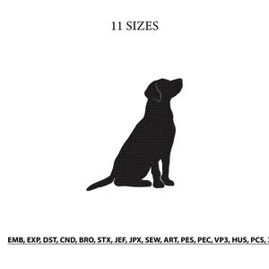 Puede incluir: Una silueta negra de un perro sentado mirando hacia la derecha, con el texto 11 SIZES en la parte superior y los formatos de archivo EMB, EXP, DST, CND, BRO, STX, JEF, JPX, SEW, ART, PES, PEC, VP3, HUS, PCS, XXX en la parte inferior.