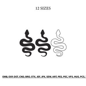 Puede incluir: Un diseño de bordado digital con tres iconos de serpiente dispuestos horizontalmente. Dos serpientes son siluetas negras sólidas y una es un contorno negro. El texto 12 SIZES y una lista de formatos de archivo aparecen en la imagen.
