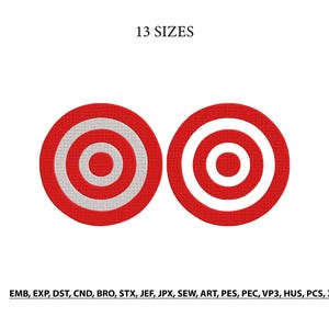 May include: Two circular bullseye embroidery designs in red and white. The left design features a red center, white ring, and red outer border. The right design has a red center, white ring, and red outer border. Text reads 13 SIZES and file formats.