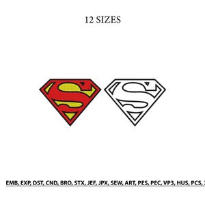 Puede incluir: Dos emblemas en forma de diamante con un logotipo S. Un emblema está relleno de rojo y amarillo, mientras que el otro es un contorno negro. El texto 12 SIZES aparece en la parte superior, y el texto EMB, EXP, DST, CND, BRO, STX, JEF, JPX, SEW, ART, PES, PEC, VP3, HUS, PCS, XXX está en la parte inferior.
