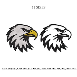 May include: Two eagle head designs. One is a detailed embroidery with gray, black, and yellow colors. The other is a black outline. The text "12 SIZES" is at the top. Below are embroidery file formats.