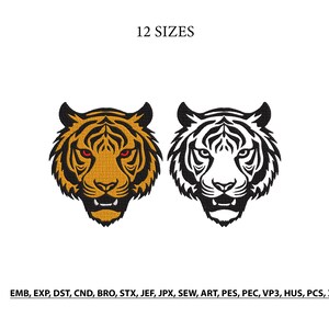 May include: Two tiger head embroidery designs with the text 12 SIZES at the top and a list of file formats including EMB, EXP, DST, CND, BRO, STX, JEF, JPX, SEW, ART, PES, PEC, VP3, HUS, PCS, XXX at the bottom. One tiger is orange and black.