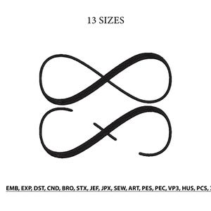 Peut inclure: Un motif de broderie noir représentant un symbole infini et une forme en S stylisée. Le texte 13 SIZES figure en haut, et les formats de fichier EMB, EXP, DST, CND, BRO, STX, JEF, JPX, SEW, ART, PES, PEC, VP3, HUS, PCS, XXX sont listés en bas.