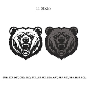 Angry Bear Head Embroidery Design- Bear Head Machine Embroidery Design-  Animal Face Embroidery- Fierce Bear Head Embroidery Design- 11 Size