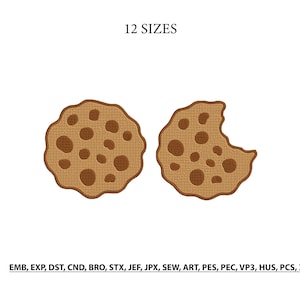 May include: Two embroidered cookie designs. One is whole, the other has a bite taken out. Both are brown with darker brown spots. The text "12 SIZES" is above the cookies. Below the cookies are embroidery file formats.