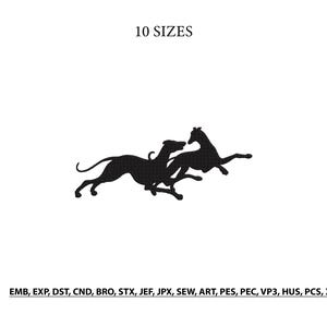 Puede incluir: Un diseño de bordado negro que muestra dos galgos corriendo en silueta. El texto 10 SIZES aparece en la parte superior, y los formatos de archivo EMB, EXP, DST, CND, BRO, STX, JEF, JPX, SEW, ART, PES, PEC, VP3, HUS, PCS, XXX se enumeran abajo.