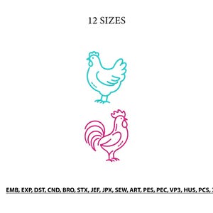 Può includere: Un disegno per ricamo digitale con una gallina color ottanio e un gallo magenta in contorno. Il testo 12 SIZES appare in alto, e i formati di file EMB, EXP, DST, CND, BRO, STX, JEF, JPX, SEW, ART, PES, PEC, VP3, HUS, PCS, XXX sono elencati in basso.