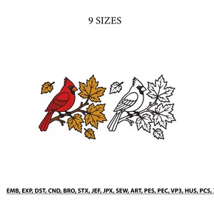 May include: An embroidery design featuring two cardinals perched on branches with maple leaves. One bird is red with orange leaves, and the other is a black and white line drawing. Text includes 9 SIZES and file formats EMB, EXP, DST, CND, BRO, STX, JEF, JPX, SEW, ART, PES, PEC, VP3, HUS, PCS, XXX.