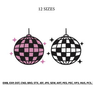 May include: Two disco ball designs, one pink and black, the other black and white, with star accents. The text "12 SIZES" is above the designs. Below the designs are file format abbreviations.