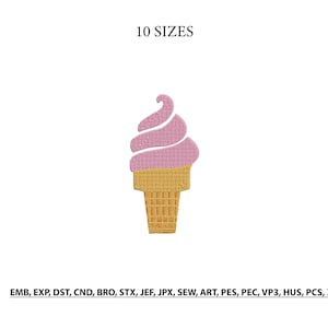 May include: A digital embroidery design of a soft-serve ice cream cone. The ice cream is light pink, and the cone is a golden yellow. The text "10 SIZES" is above the ice cream cone. Below the ice cream cone are embroidery file formats.