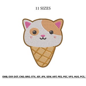 Puede incluir: Un diseño de bordado que muestra una cabeza de gato sobre un cono de helado. El gato es blanco y beige con orejas y nariz rosas. El cono es beige con un patrón de cuadrícula marrón. El texto dice 11 SIZES y EMB, EXP, DST, CND, BRO, STX, JEF, JPX, SEW, ART, PES, PEC, VP3, HUS, PCS, XXX.