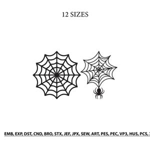 May include: A black digital graphic featuring two spider web designs, one circular and one triangular with a hanging spider. The text 12 SIZES appears at the top, and the file formats EMB, EXP, DST, CND, BRO, STX, JEF, JPX, SEW, ART, PES, PEC, VP3, HUS, PCS, XXX are listed at the bottom.