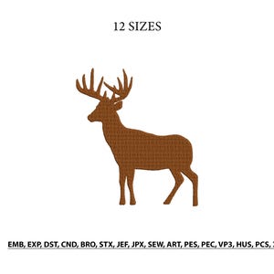 May include: A brown deer silhouette with large antlers, set against a white backdrop. The text "12 SIZES" is above the deer. Below the deer are file format abbreviations: EMB, EXP, DST, CND, BRO, STX, JEF, JPX, SEW, ART, PES, PEC, VP3, HUS, PCS, XXX.