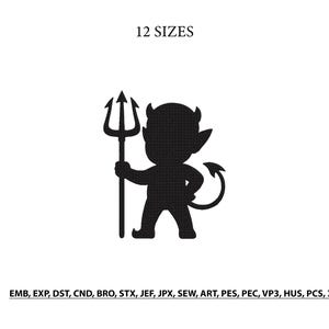 Puede incluir: Un diseño de bordado en silueta negra de un personaje de diablo de dibujos animados sosteniendo un tridente. El texto 12 SIZES aparece en la parte superior, y el texto EMB, EXP, DST, CND, BRO, STX, JEF, JPX, SEW, ART, PES, PEC, VP3, HUS, PCS, XXX está en la parte inferior.