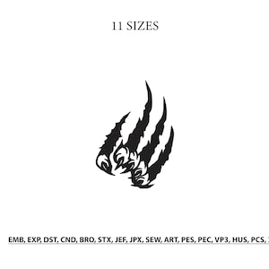 May include: A black digital embroidery design featuring a sharp claw mark graphic. The text 11 SIZES appears at the top, and a list of file formats including EMB, EXP, DST, CND, BRO, STX, JEF, JPX, SEW, ART, PES, PEC, VP3, HUS, PCS, XXX is at the bottom.